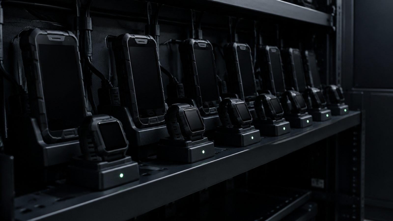 Rugged handsets and wearables seated in charging cradles in a provisioning rack
