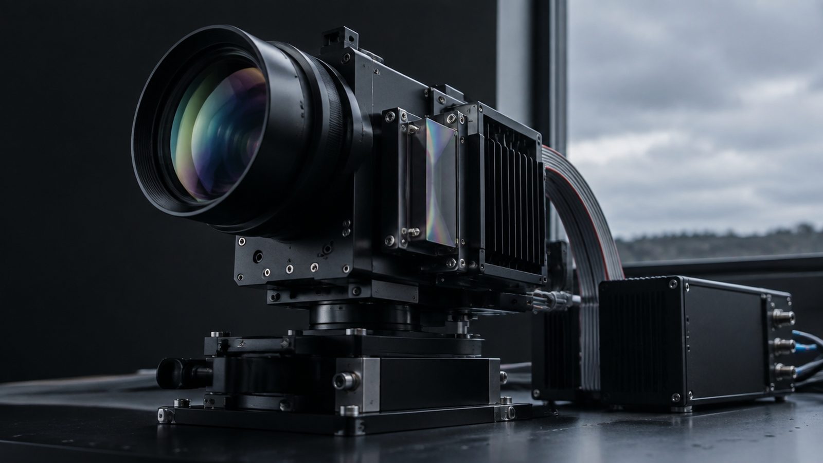 A hyperspectral imaging camera on a laboratory bench, its objective lens showing a faint spectral sheen, aimed toward an overcast sky
