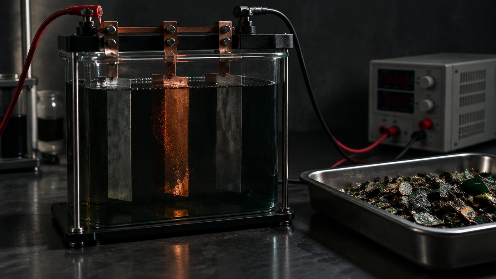 An electrochemical recovery cell on a bench, copper plating onto an electrode in dark electrolyte beside a tray of shredded circuit board