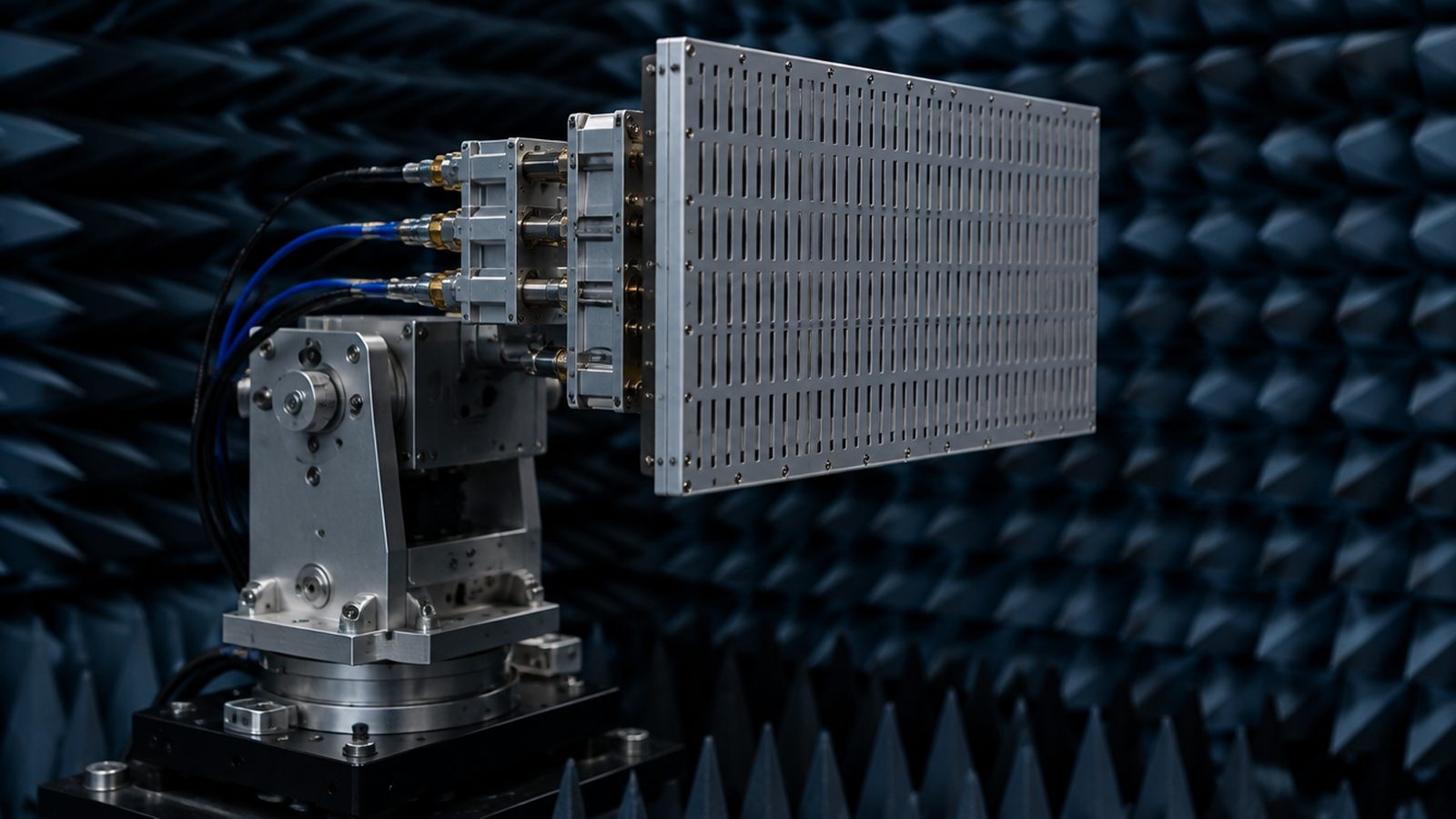 A slotted waveguide radar antenna panel on a precision positioner inside an anechoic chamber lined with absorbing foam wedges