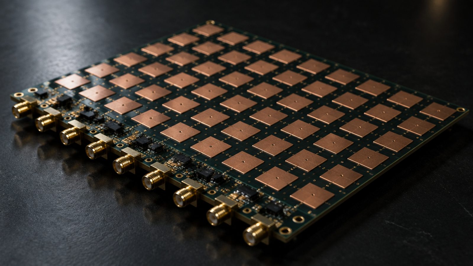 A flat phased-array antenna panel, a grid of square copper patch elements with coaxial connectors along one edge