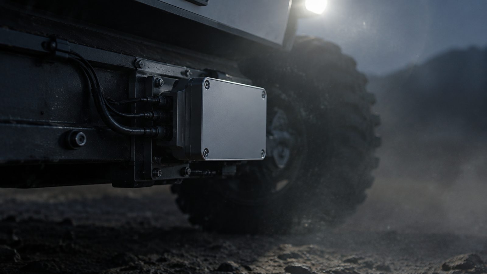 A compact radar sensor mounted on the chassis of an autonomous ground vehicle in low light and airborne dust