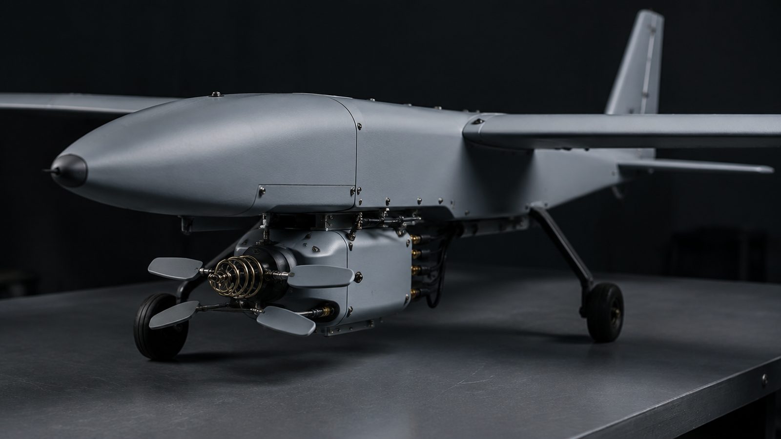 A small fixed-wing unmanned aircraft on a bench with a radio-frequency sensing pod mounted beneath the fuselage